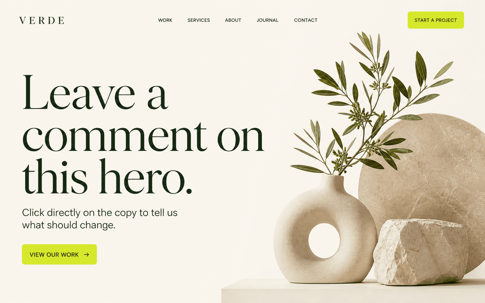 Verde Studio homepage that invites visitors to leave a comment on its hero